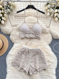 SINGREINY Knitted Suit Backless Sexy Cami + Hooked Hollow Wide Legs Shorts Set