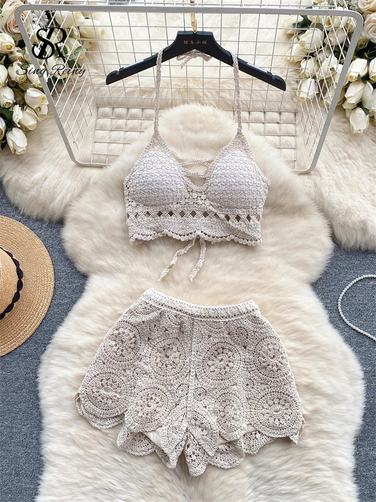 SINGREINY Knitted Suit Backless Sexy Cami + Hooked Hollow Wide Legs Shorts Set