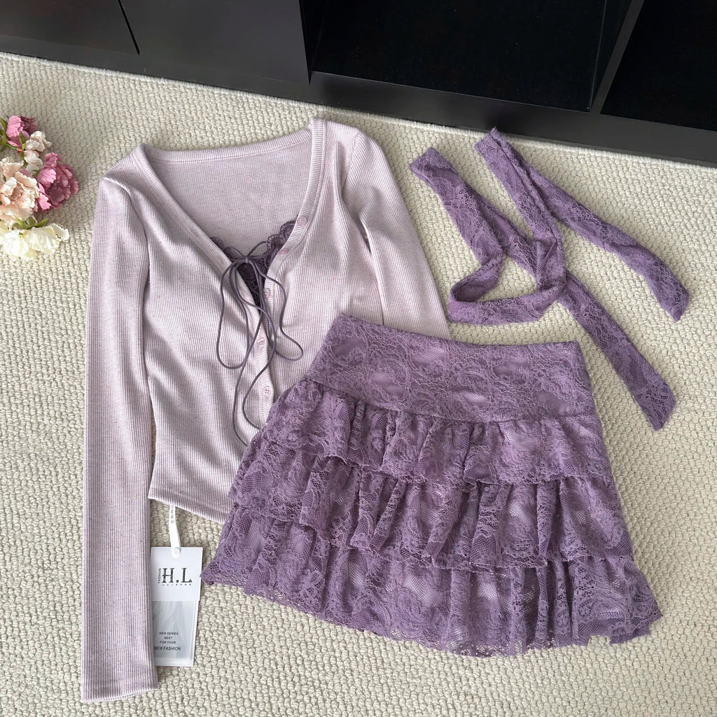 Lace Design Fake 2 Piece Tops +High Waist Skirt