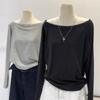One Shoulder Cotton Slant Shoulder Long Sleeve Top