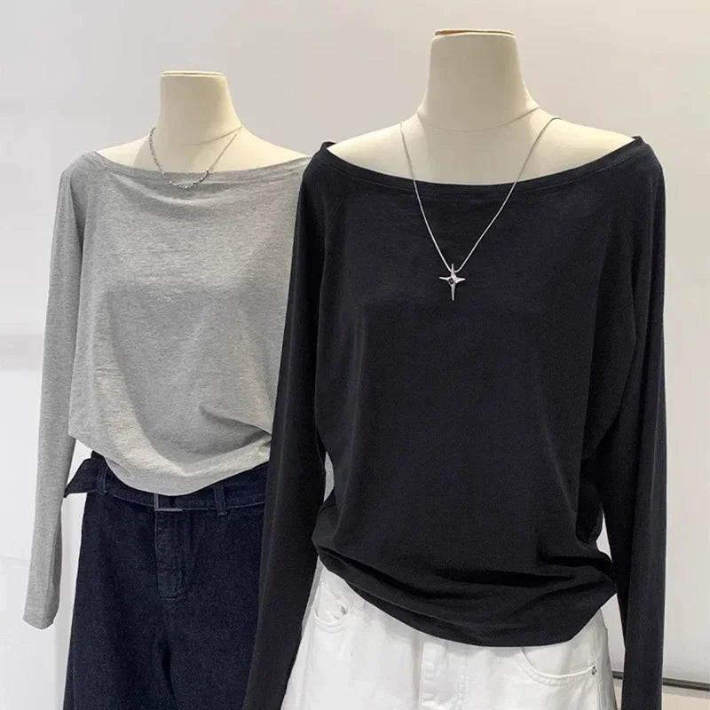 One Shoulder Cotton Slant Shoulder Long Sleeve Top