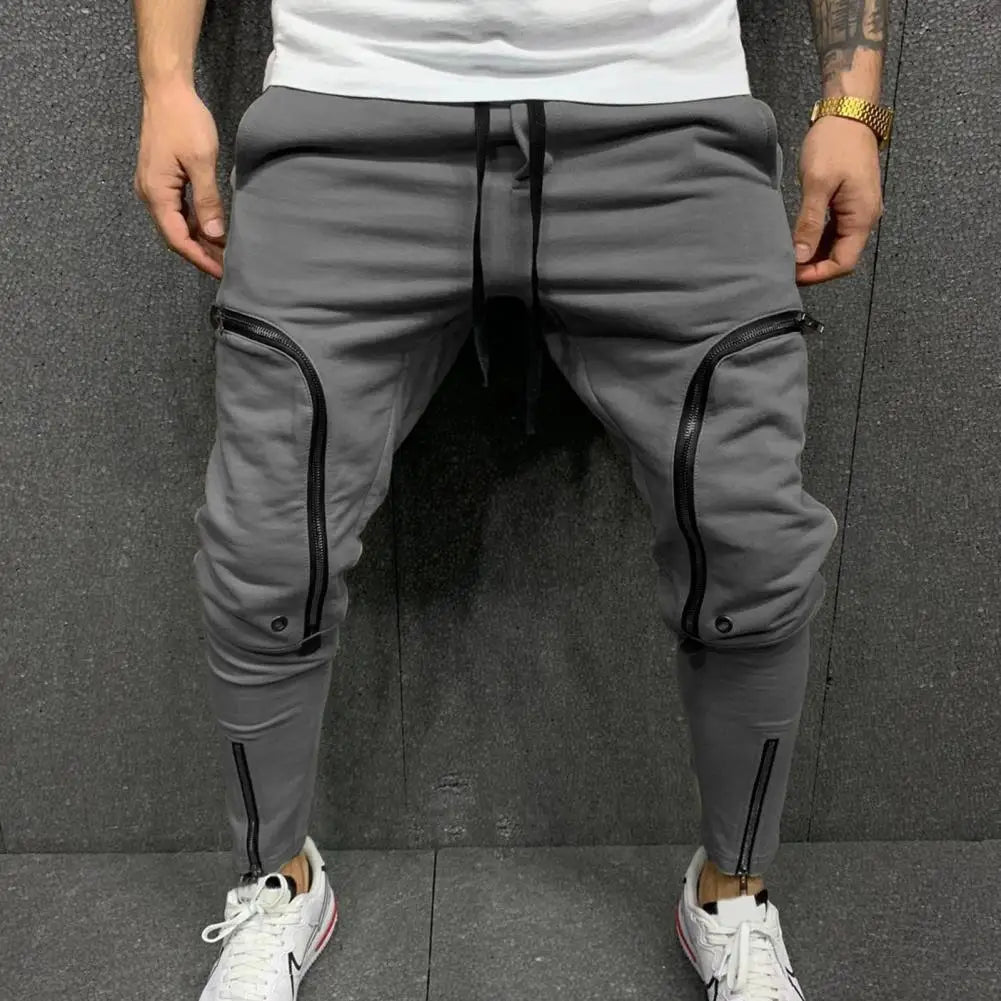 Solid Color Drawstring Casual Multi Zippers Pockets Trousers