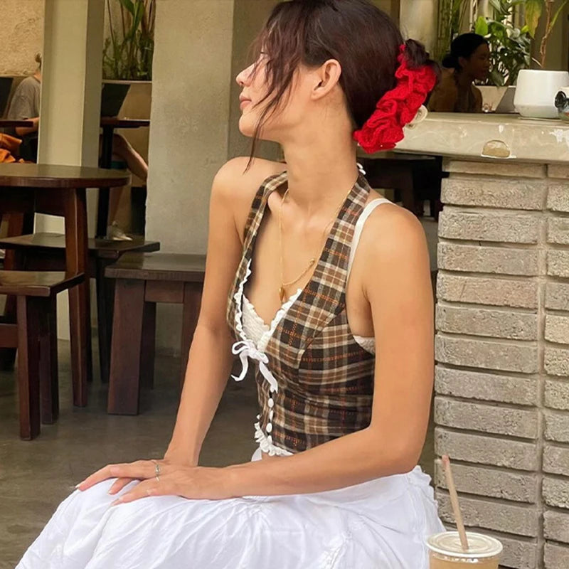 Halter V-Neck Plaid Waistcoat Slim Tank Top