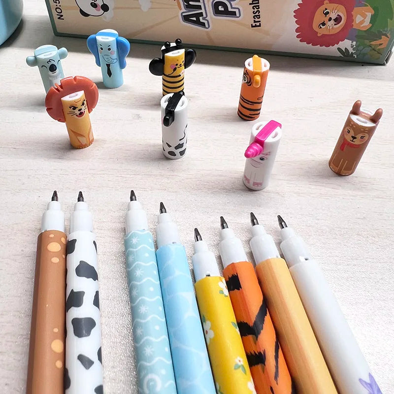 12 styles Cute Animal Erasable Pen 0.7mm Blue Ink Gel Pen Lion Elephant Unicorn Ballpoint Pen Writing Error Erasable for School