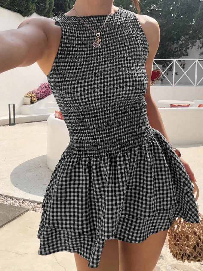 Basic Collar Plaid Sleeveless Puffy Dress