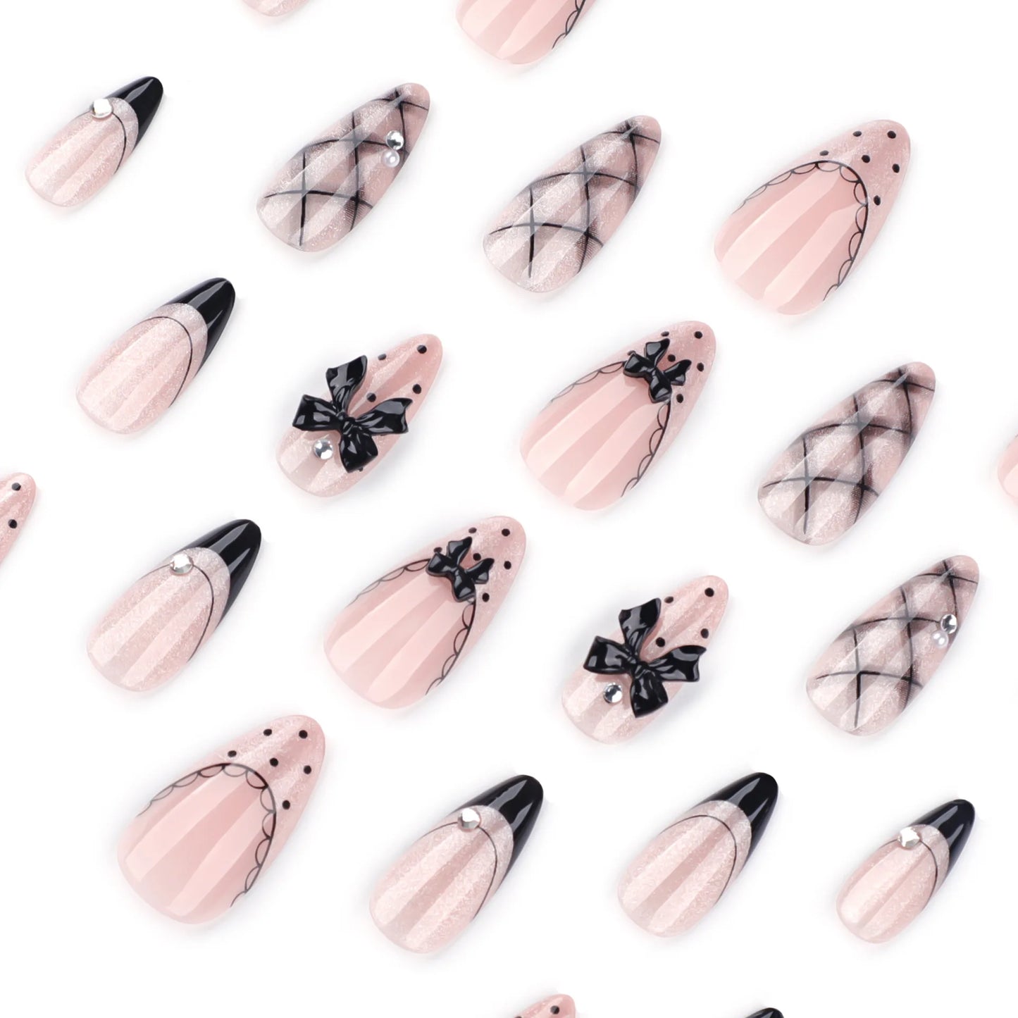 24pcs Gothic Style Black Bowknots Press On Nails Y2k Sweet Cool Cat's Eye False Nails French Style Almond Ballet Fake Nail Tips