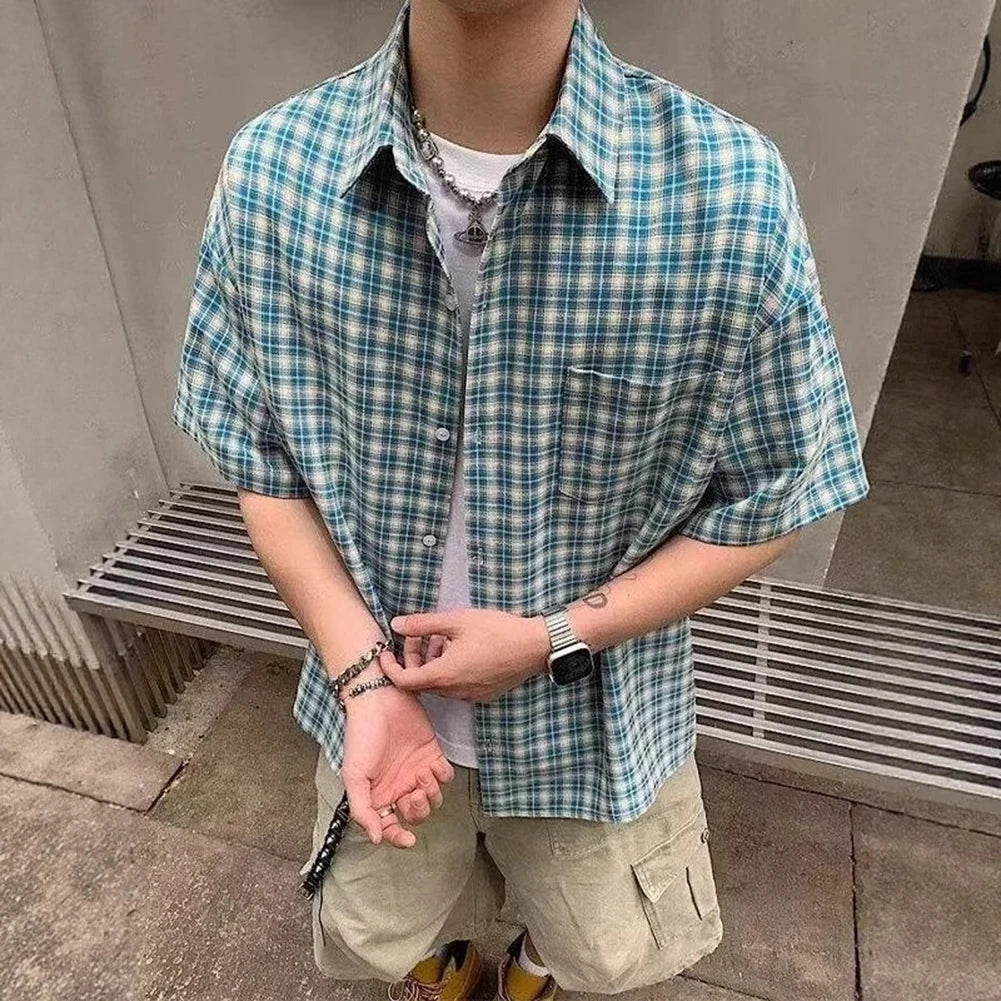 Plaid Lapel Short Sleeved Shirt
