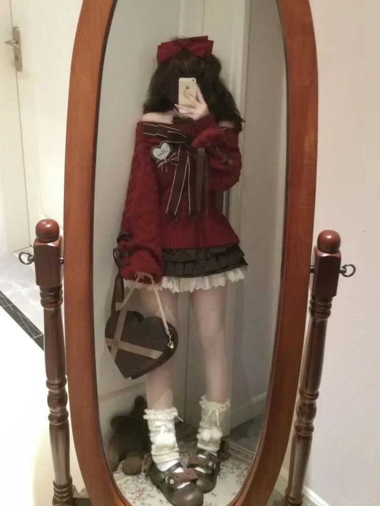 Lazy Bow Off Shoulder Long Sleeve Loose Knitted Sweater Tops+ High Waist Ruched Skirt Set