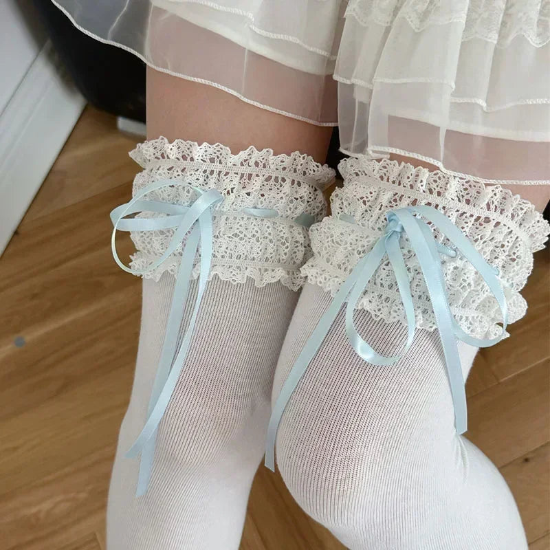 Lace Bow Over Knee-High Socks
