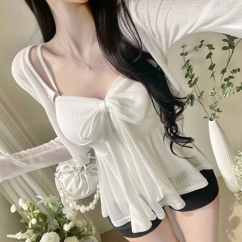 Sweetheart Bow Peplum Camisole & Bolero Cardigan Set