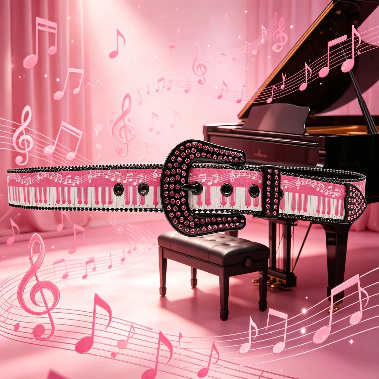 Western Cowboy Rhinestone Buckle PU Belt, Cute Pink Piano Keys & Musical Notes Print Glitter Decor Belt for Women Jeans Pants