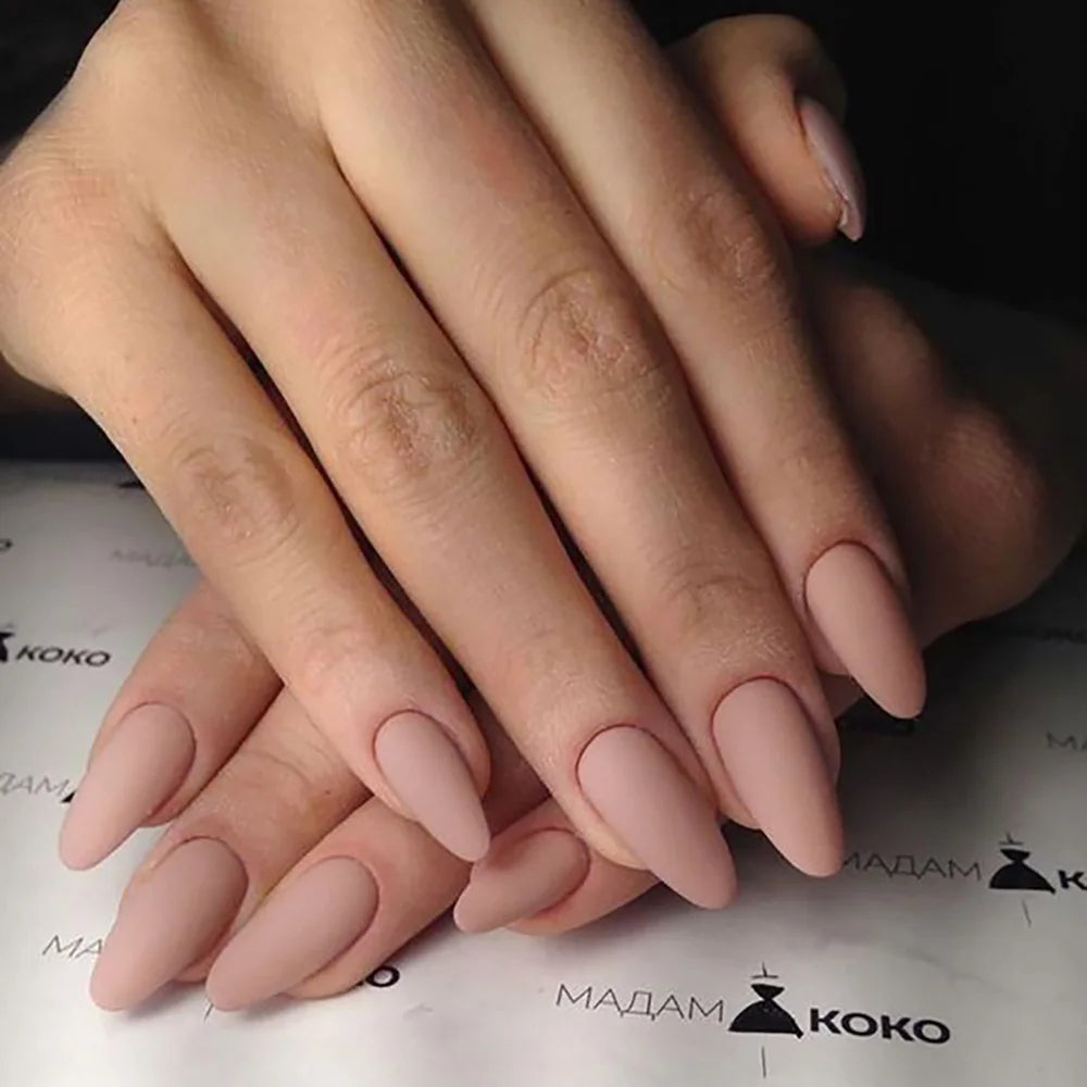 24pcs/set short fake nails for women girls almond ballet nail tips matte red nude brown faux ongles press on acrylic false nail