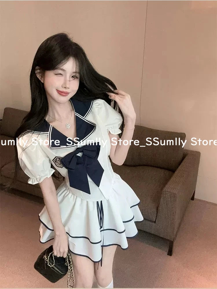 Navy Collar Short Sleeve Top + Mini Pleated Skirt Set