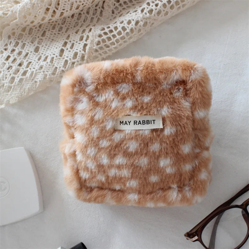New Deer Patterned Plush Coin Purse Large Capacity Makeup Bag Travel Organizer Lipstick Case Pencil Case Sanitary Pad Pouch