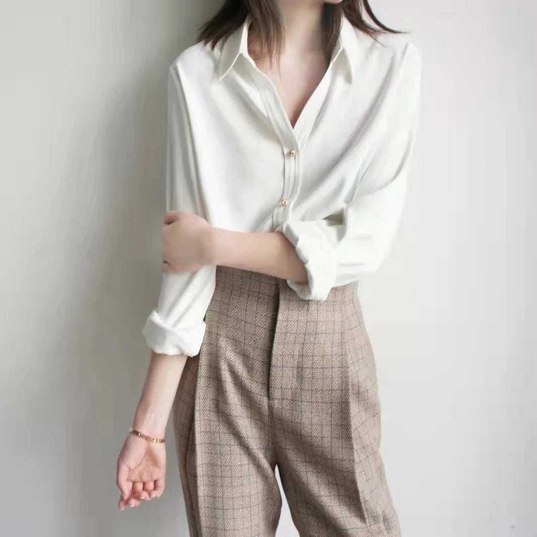 Metallic Buttons V-Collar Long-Sleeved Blouse