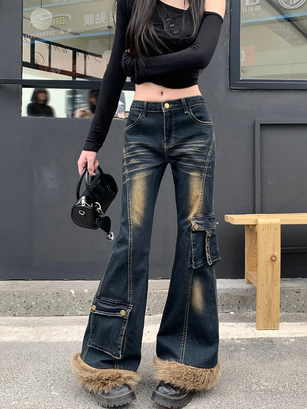 Faux Fur Denim Flare Pants