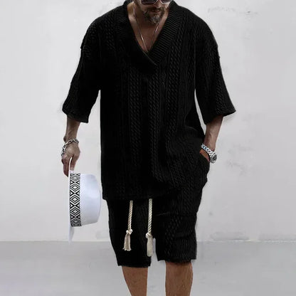 メンズショートパンツセット サマーカジュアルニットツーピース メンズ衣料 Vネック半袖Tシャツとショートパンツ ストリートウェアニットセット