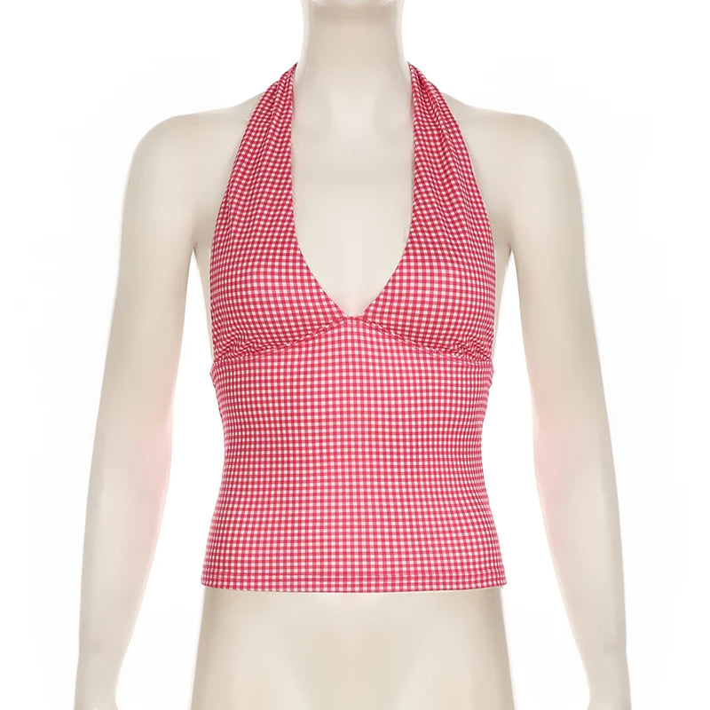 Plaid Printed Halter Neck Tank Top