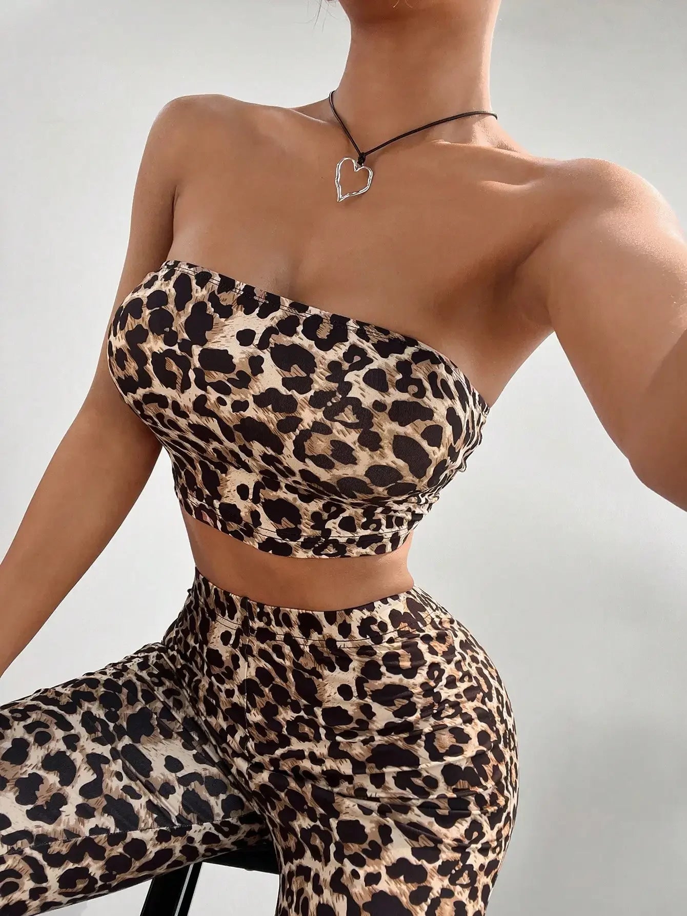 Leopard Print Slim Fit Short Crop Top with Flared Pants Long Trousers Set