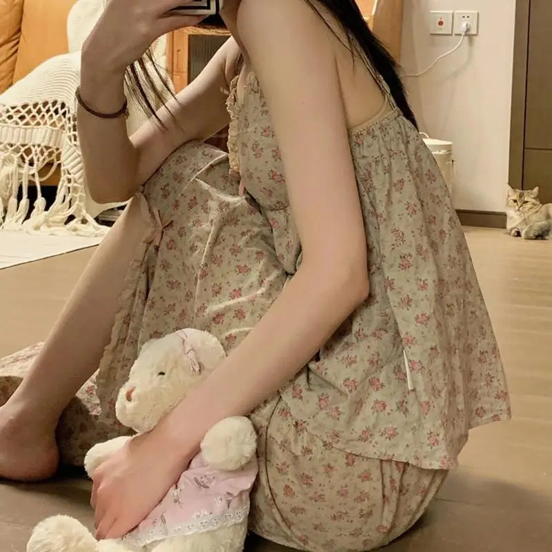 Pajamas Floral Trouser Suits Pajamas Woman Summer Home Wear 2 Pieces Sleep Tops + Pants Long Sleeve Nightie Pijamas Nightgown