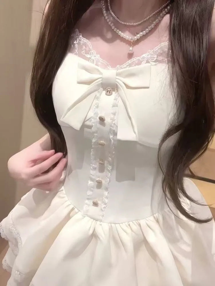 ZHUOLIN Sweet Bow Patchwork Solid Dress