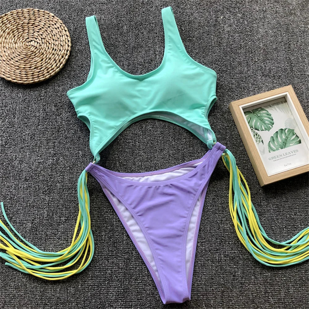Patchwork Fringe Cut Out Rings Monokini