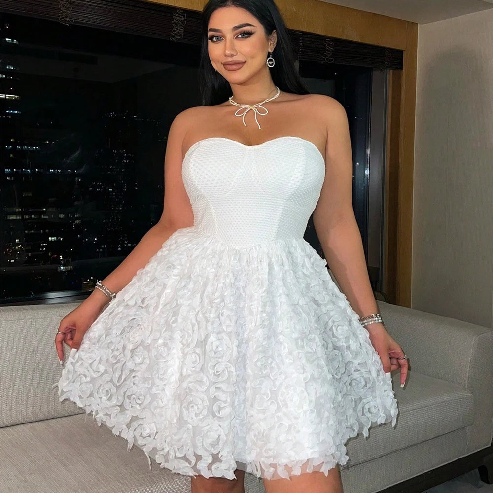 Strapless Sweetheart Mini Dress with 3D Floral Rosette Skirt