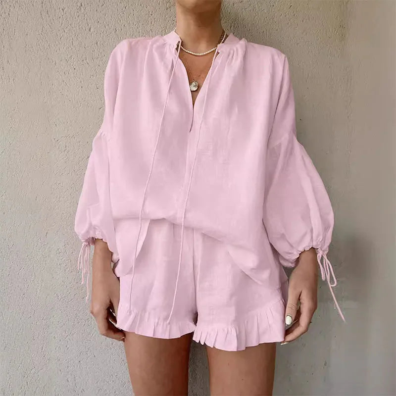 Casual White Linen-Blend Two-Piece Set