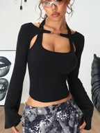 Halter Neck Chain Button Long Sleeve Faux Two-Piece Top