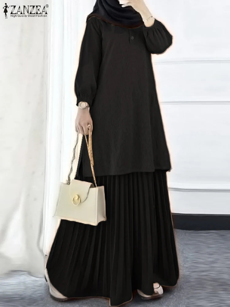 ZANZEA Autumn Muslim Two Piece Sets Women Outfits Casual Long Sleeve Long Tops Dress Sets Abaya Suit Dubai Hijab Tracksuit 2025