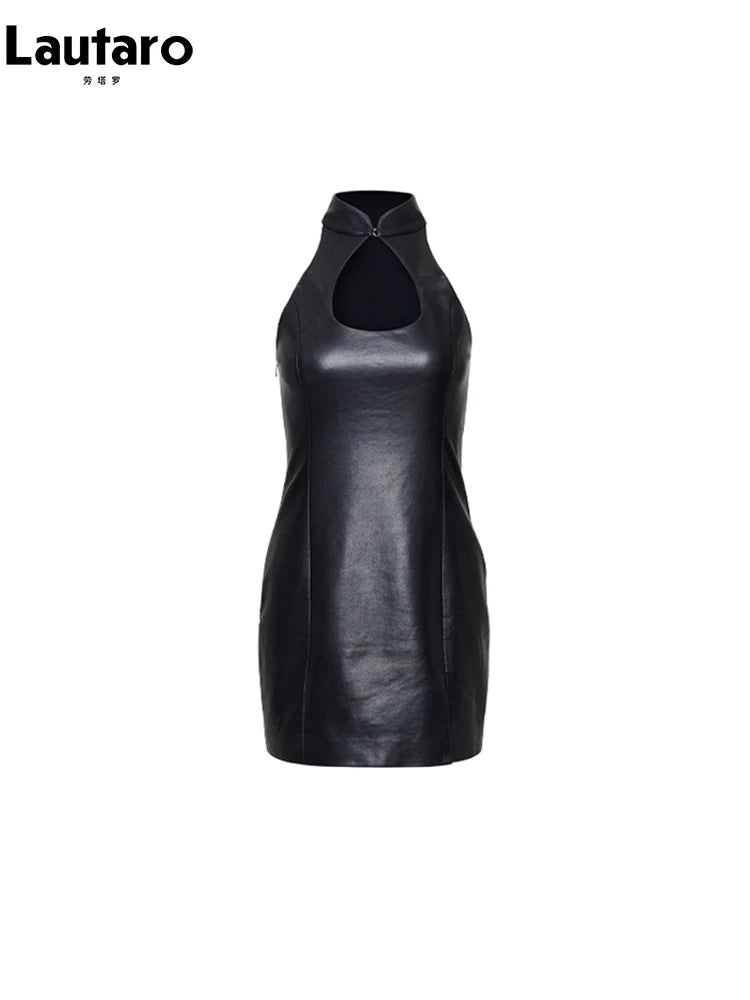 Faux Leather Mini Halter Dress