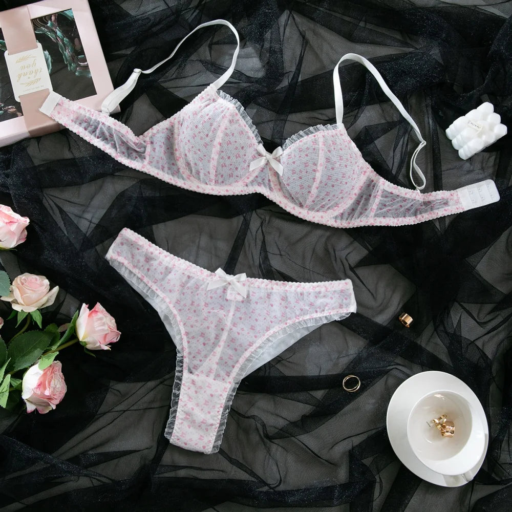 Krasapt Sexy Mesh See-through Lingerie Two Piece Sets Woman Ruffles Bow Bra And Briefs Set Exotic Intimates Outfits Onlyfans Kit
