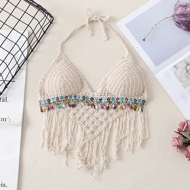 Boho Crochet Fringe Halter Crop Top