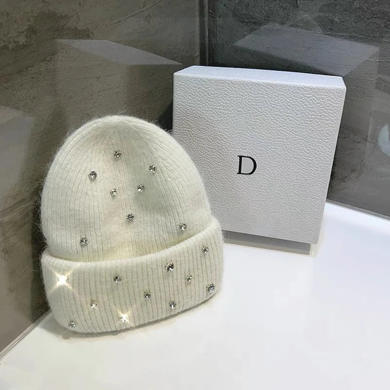 Luxury Rhinestone Rabbit Hair Knitted Beanie