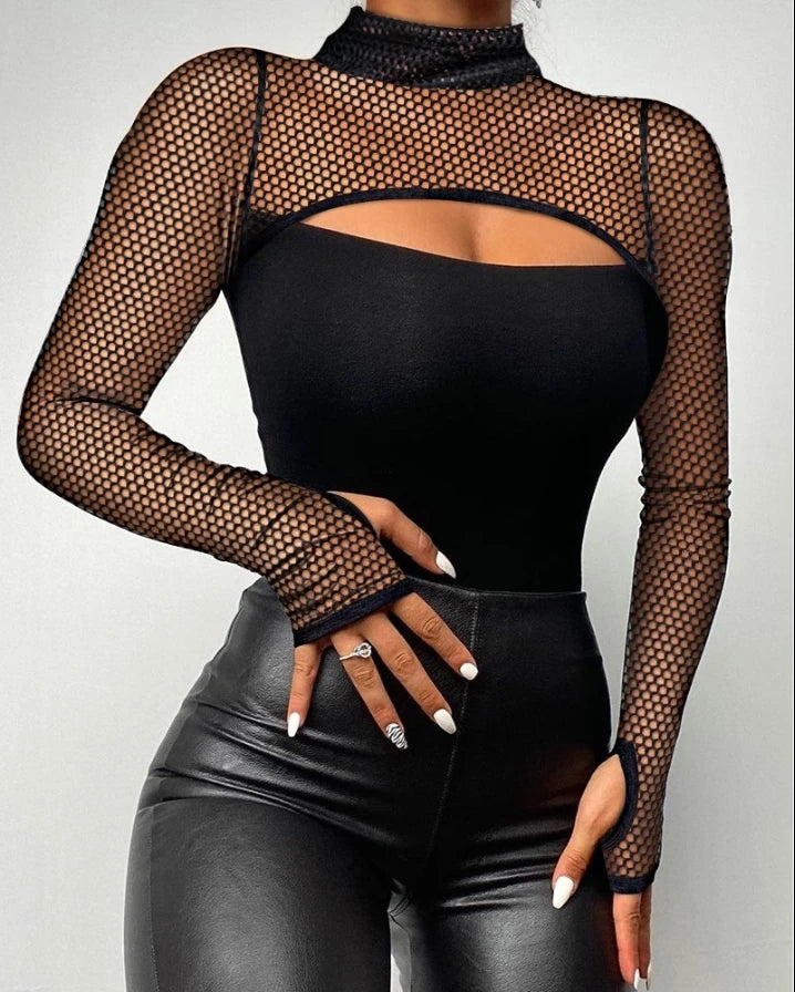 Rhinestone Bandeau Sheer Mesh Long Sleeve Tee