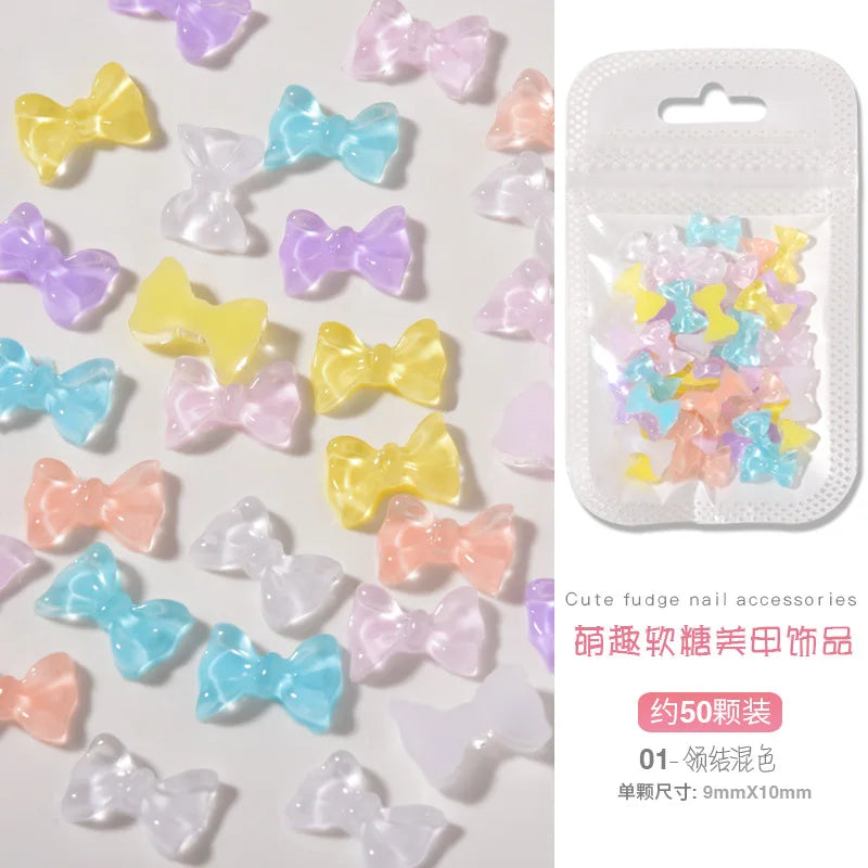 50PCS Aurora Acrylic 3D Nail Art Bow Charm For Nails Decoration Design Kawaii Manicure Accessories Bow-knot DIY Craft Supplies