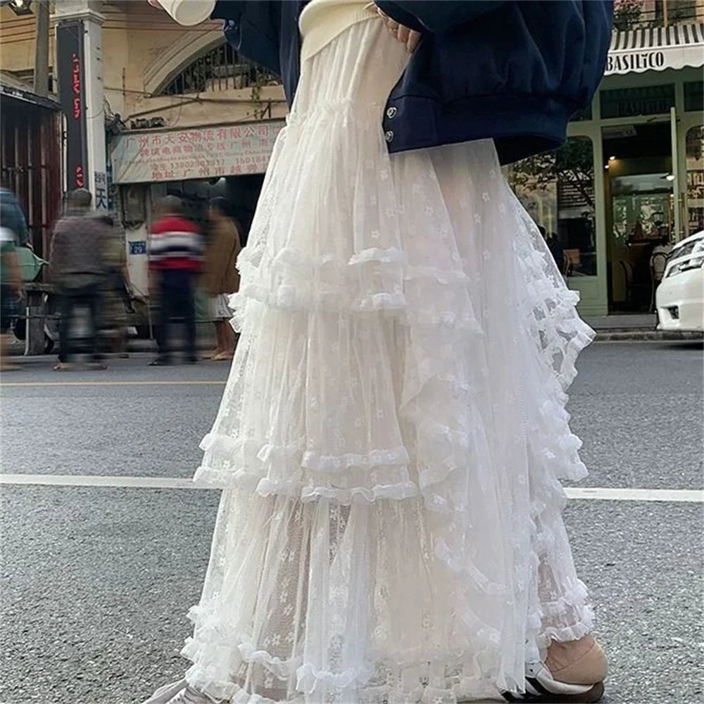 A-Line Lace Cake Loose Midi Skirt