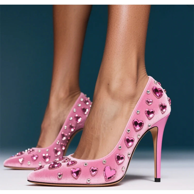 Pink Pointed Rhinestones Embellished Suede Stiletto Pumps