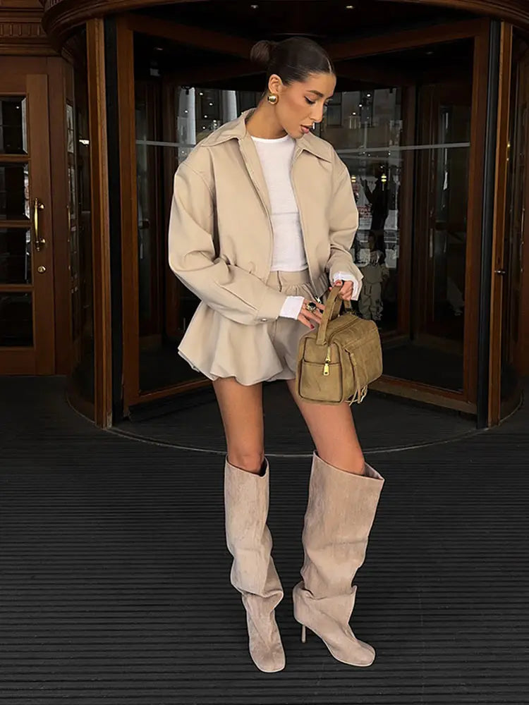 Lapel Long Sleeves Zipper Elastic Band Wide Legs Set