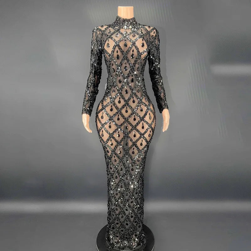 Sparkly Big Rhinestone Transparent Long Dress