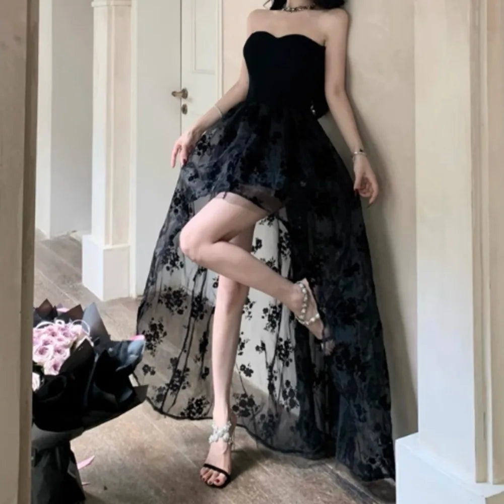 Flocking Print Chic Strapless Mesh Spliced Dress