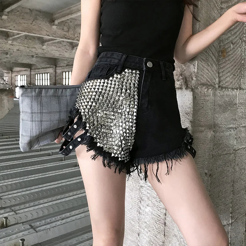 Side Spike Denim Shorts