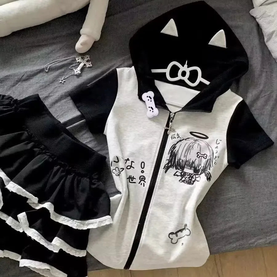 Cartoon Short Sleeve Jacket Skirt Set