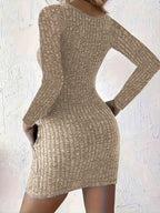 Ribbed Knit Long Sleeve Mini Dress with Half-Zip O-Ring