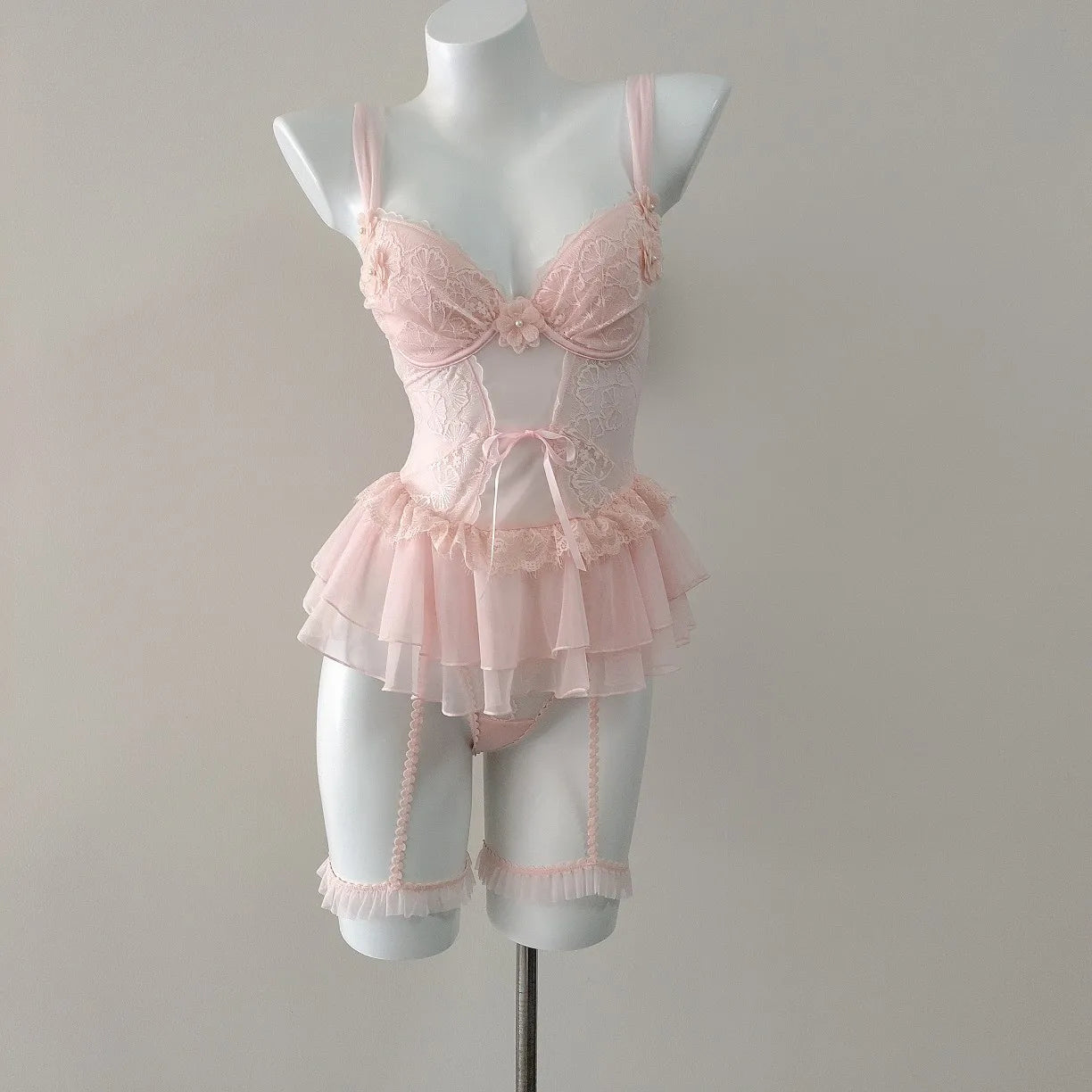 Flower Lingerie Corset Vest Slim Waist Lace Mesh Fishbone Bra Nightdress with Panty Underwear Set