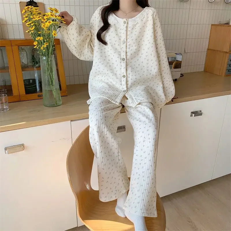 Floral Sleepwear Women Pajama Sets Winter Piiama Fleece Pants Sets 2 Pieces Korean Cute Lace Night Wears Warm Sleeping Home Suit