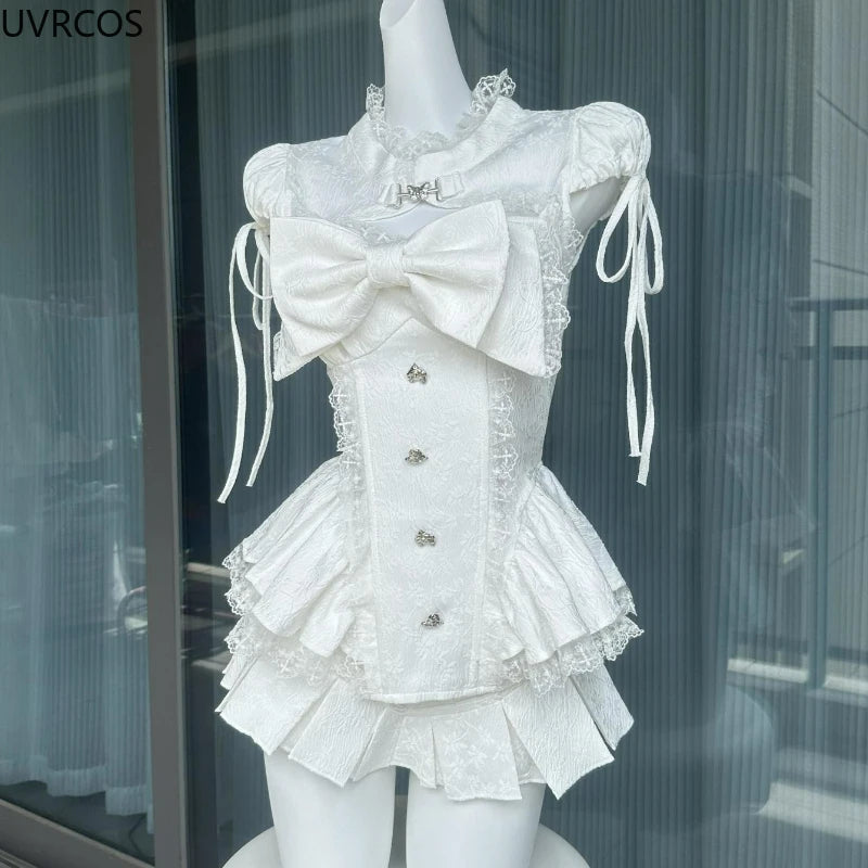 Lace Patchwork Bow Top + Mini Cake Skirt