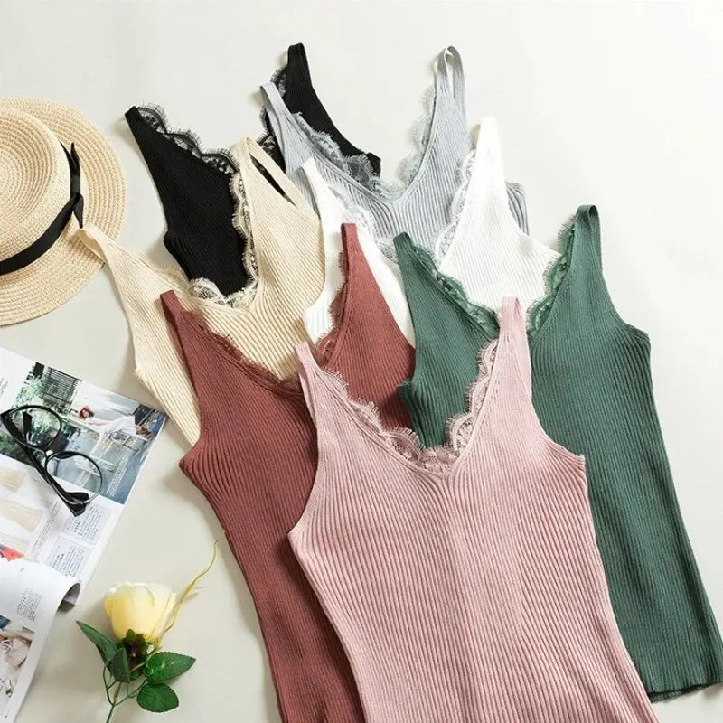 Lace Top V-neck Solid Knit Tank