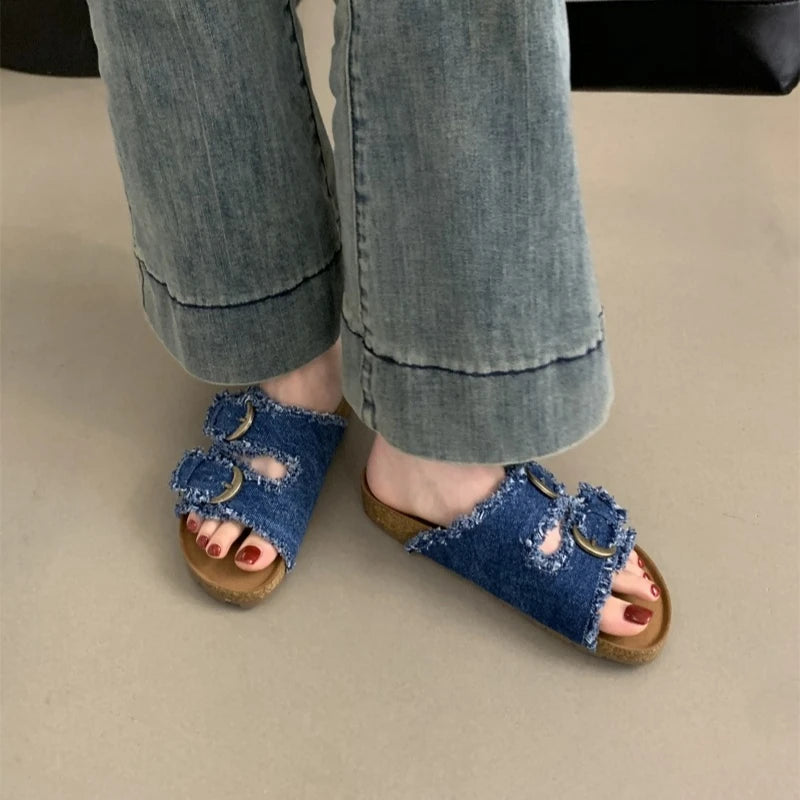 Distressed Denim Double Strap Slide Sandals