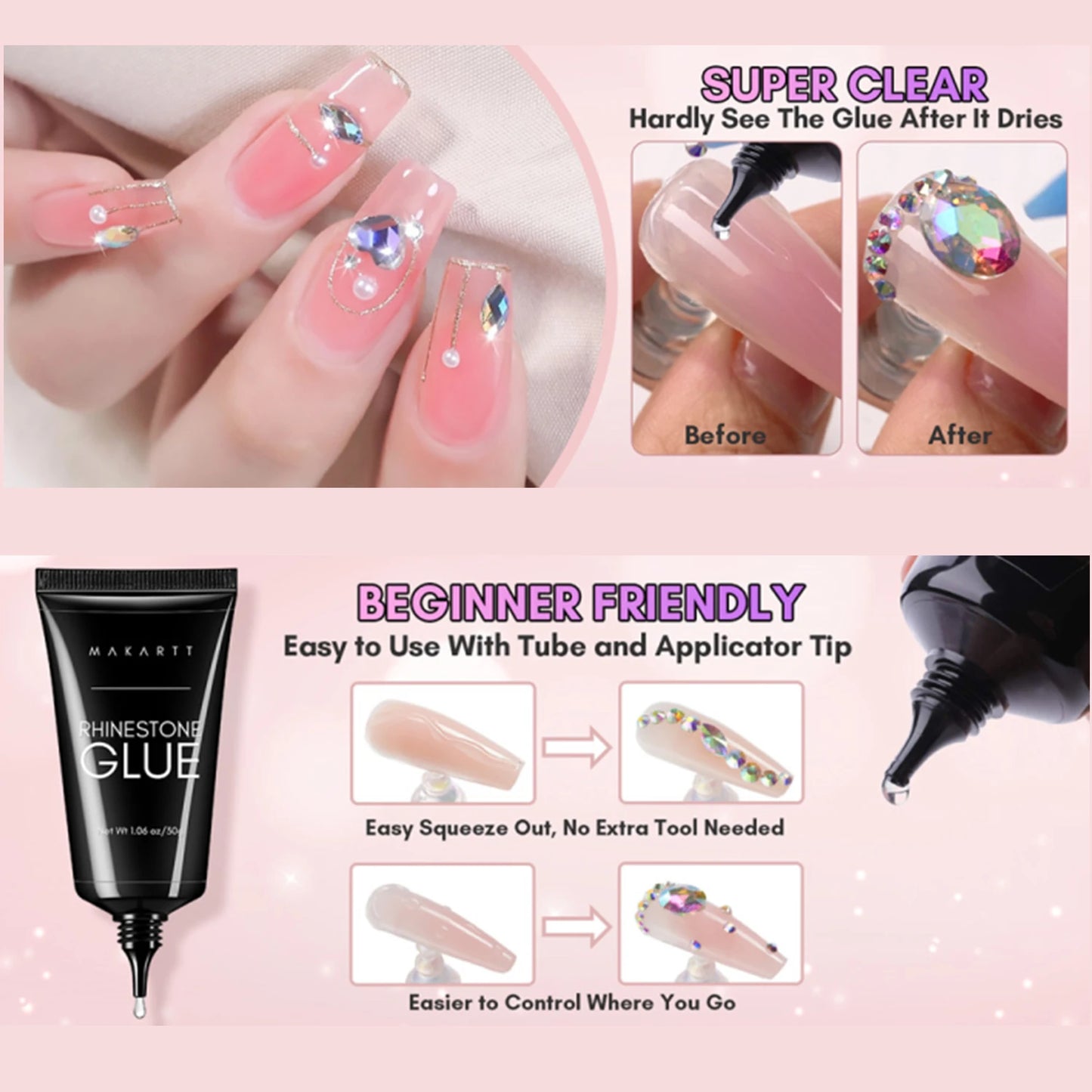Makartt Nail Rhinestone Glue Gel Kit,  Clear Nail Gem Glue Gel Super Strong Adhesive Nail Art Glue for Nail Decorations 3D Stone